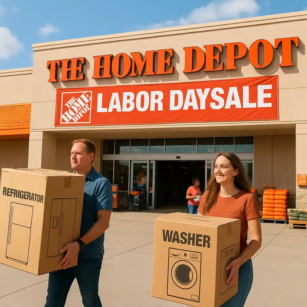 Shoppers carrying boxed appliances in front of a Home Depot entrance during a Labor Day sale