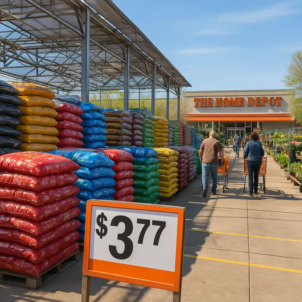 Home Depot mulch sale display with stacked colored mulch bags outside the garden center