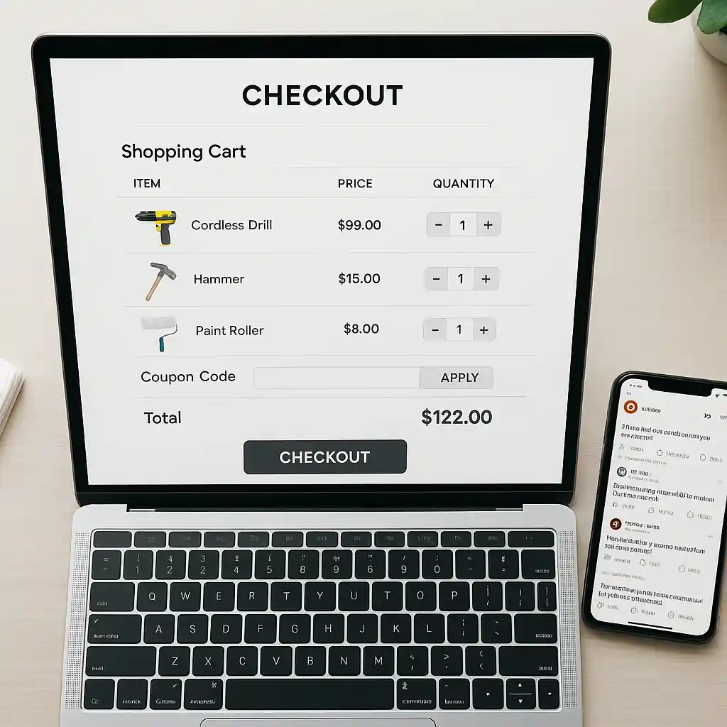 Laptop checkout with coupon field and smartphone showing a Reddit thread about Home Depot promo codes