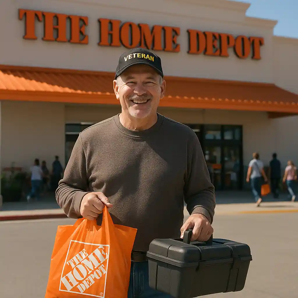Veteran carrying toolbox and Home Depot bag in front of the store entrance