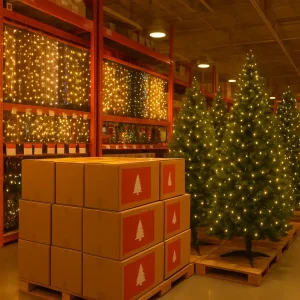 A Home Depot aisle showing boxed artificial Christmas trees and hanging string lights ready for holiday clearance