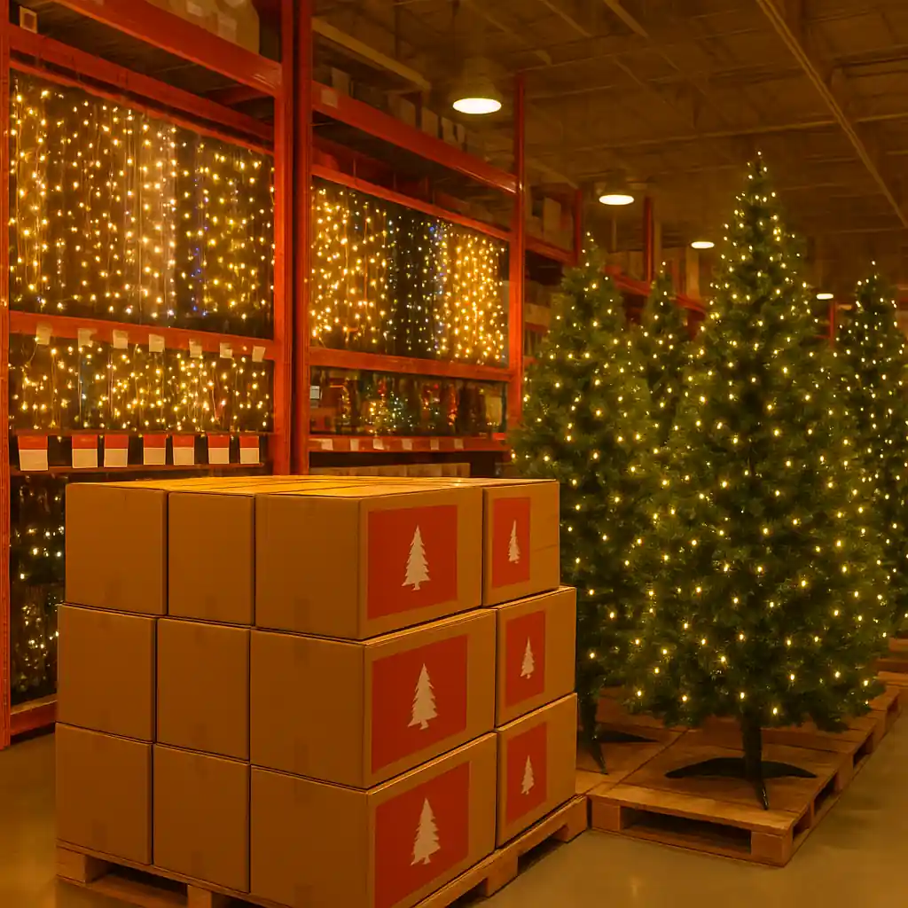 A Home Depot aisle showing boxed artificial Christmas trees and hanging string lights ready for holiday clearance