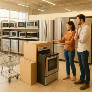 Shoppers comparing boxed stainless appliances in a bright big-box store aisle