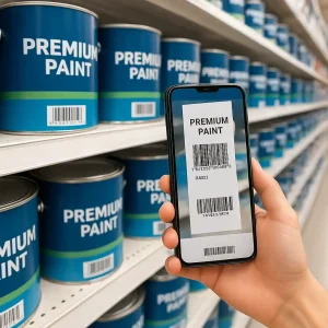 Close-up of paint cans and a shopper photographing the UPC and receipt to file a rebate during a Home Depot paint sale