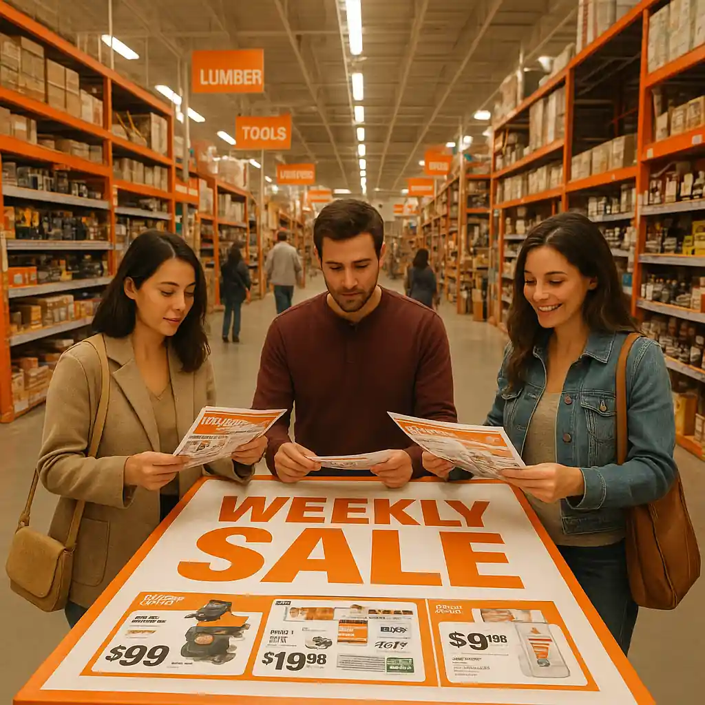 shoppers reading a Home Depot weekly sale ad flyer in a store aisle