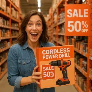 Shopper holding a discounted power drill in a store aisle highlighting a prominent sale