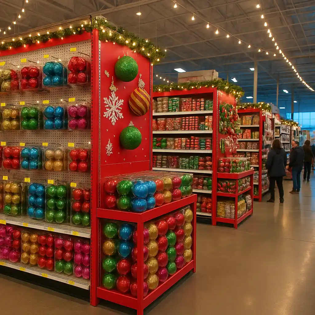 Home Depot ornament discounts on colorful ornaments displayed on store shelves