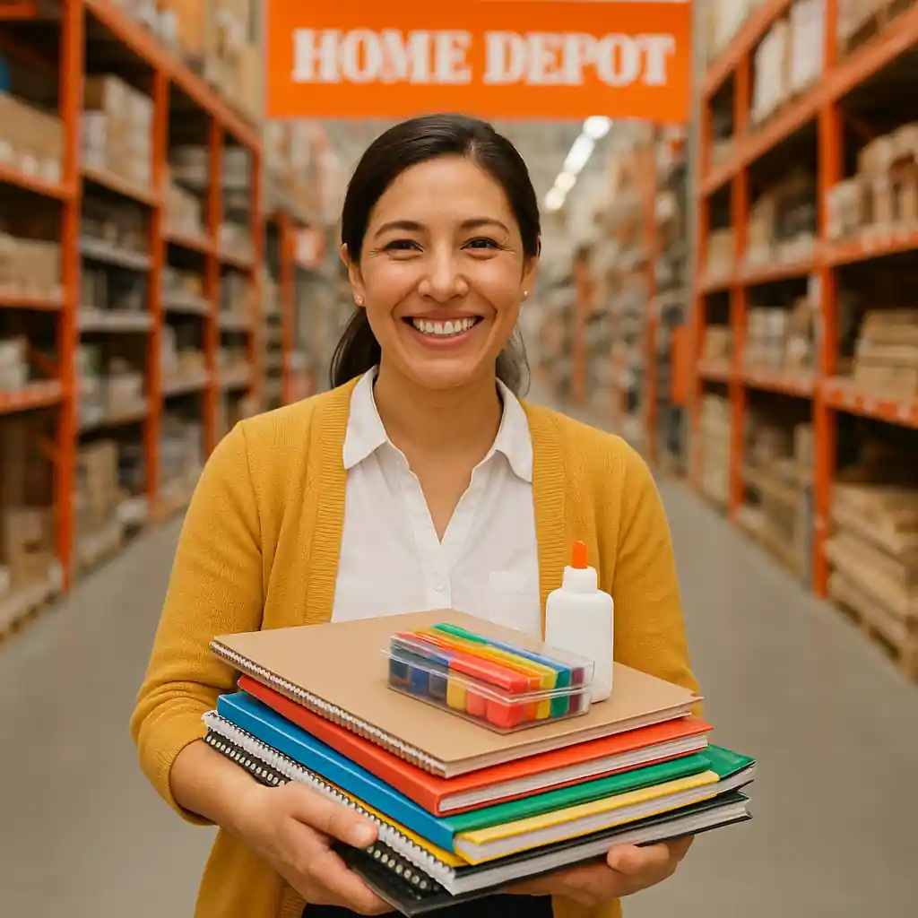 Teacher holding classroom supplies in a Home Depot aisle with signage