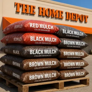 Home Depot mulch sale pallet with stacked mulch bags and visible price tags showing promotional pricing home depot mulch sale