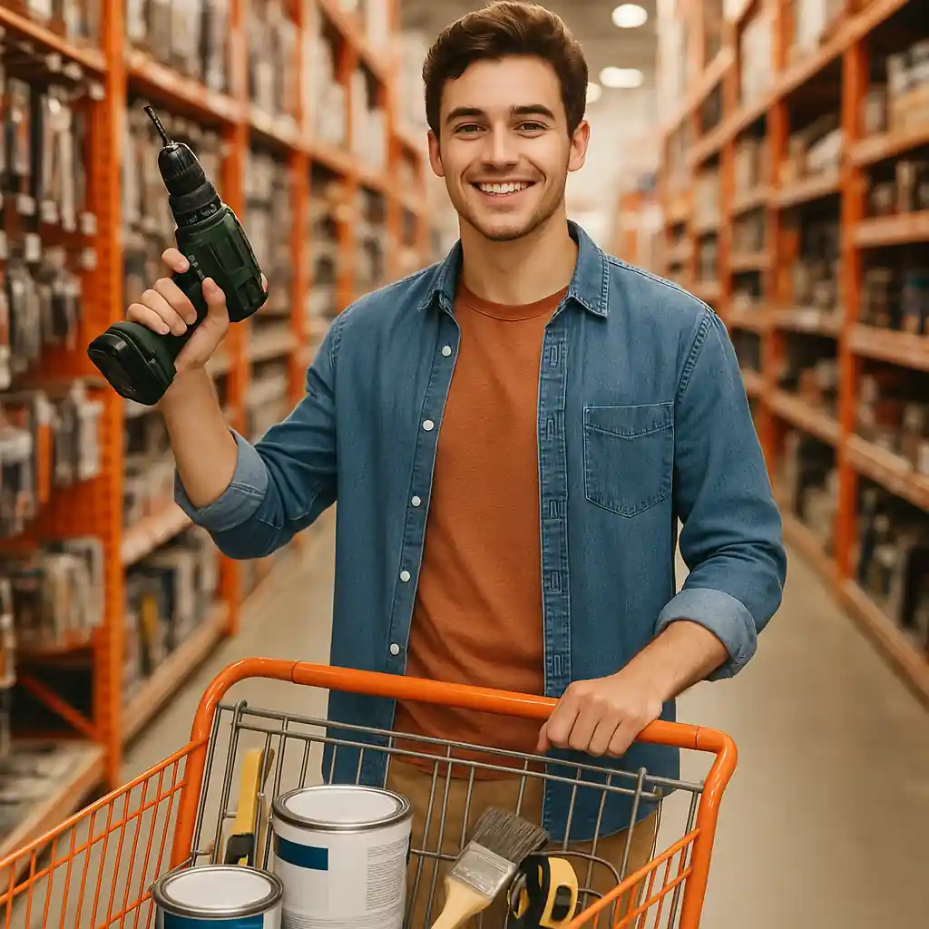 Student holding a cordless drill in a hardware aisle