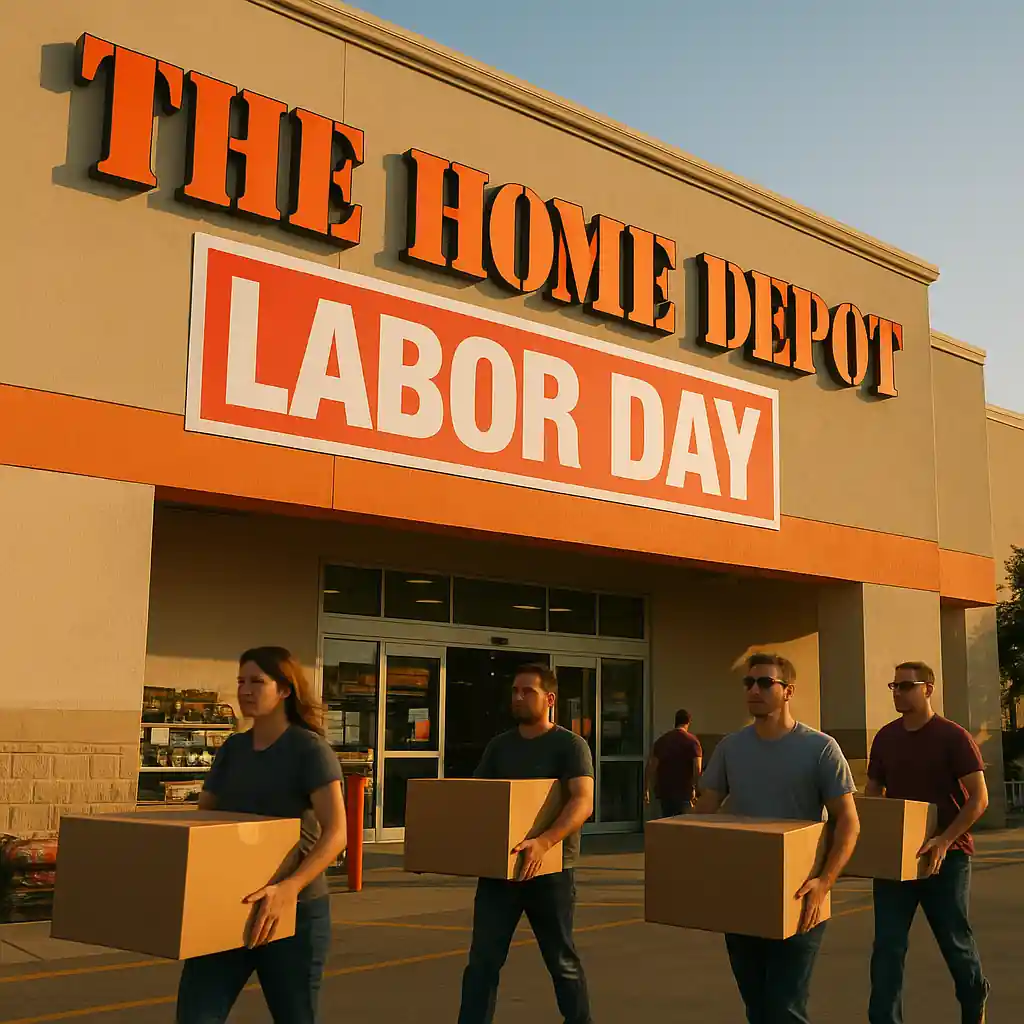 Home Depot Labor Day sale storefront with shoppers and sale signage