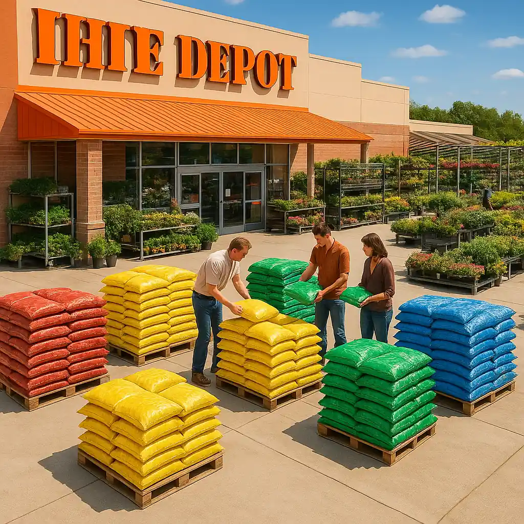 Customers selecting stacked bags of mulch in a busy garden center during a mulch sale