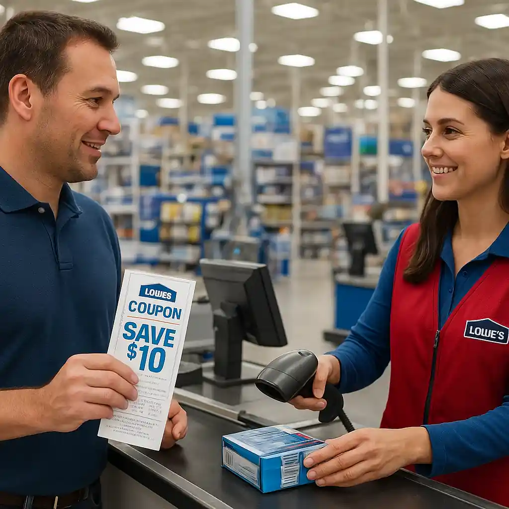 Shopper holding a printed 10 off lowes coupon and receipt at a Lowe's checkout counter