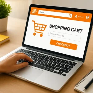 Person entering a home depot promo code into an online shopping cart field on a laptop