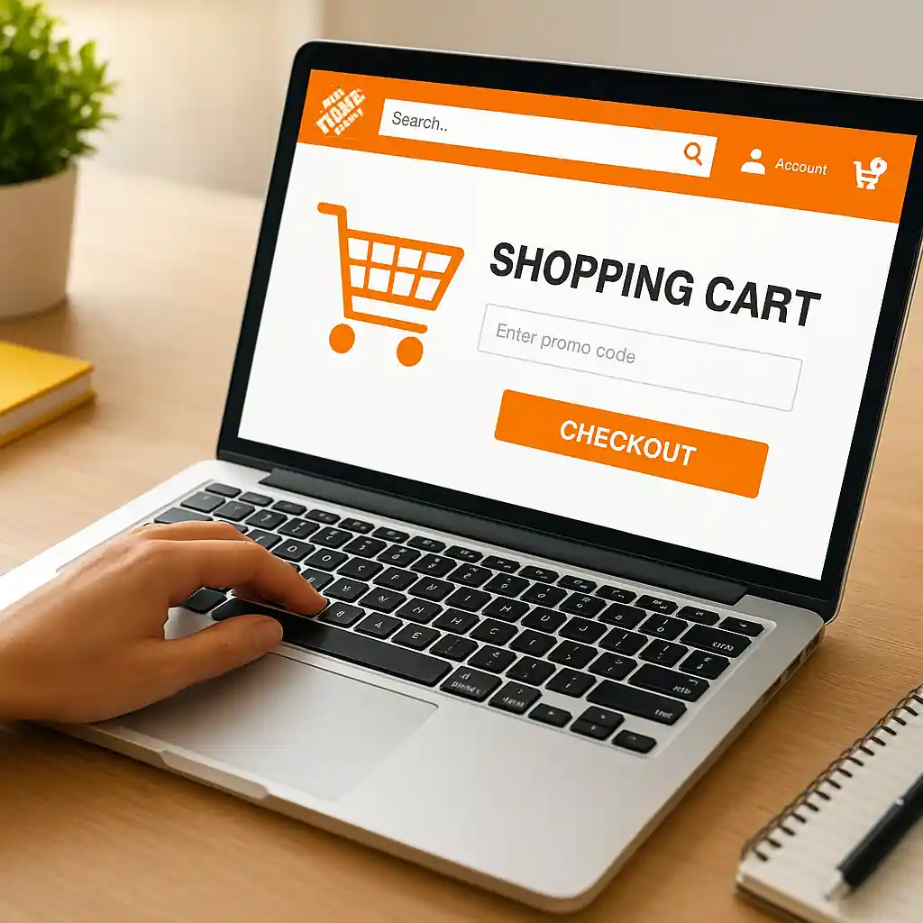 Person entering a home depot promo code into an online shopping cart field on a laptop