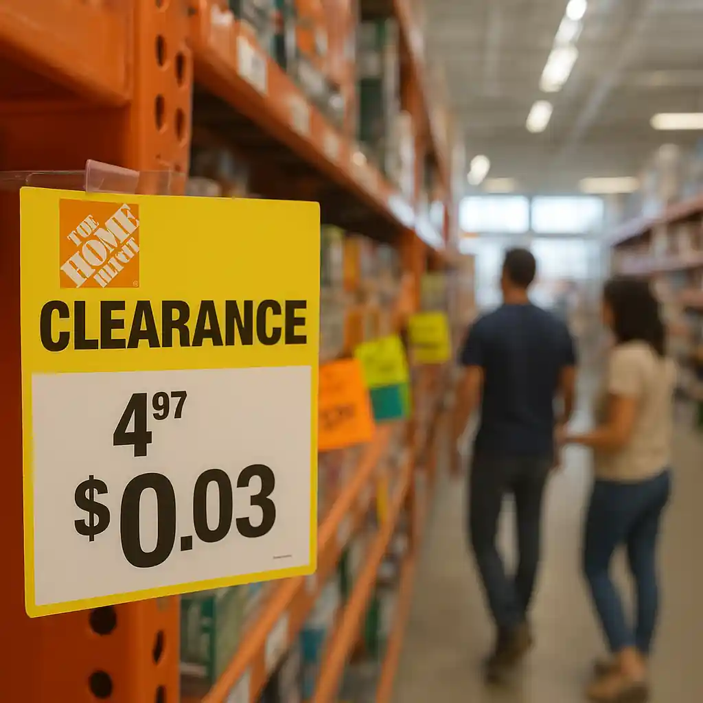 Clearance aisle with visible penny-style discount tag showing a tiny price on shelf