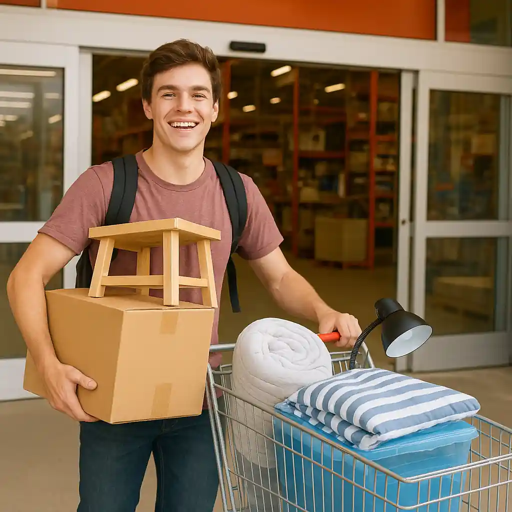 College student shopping for dorm essentials at a Home Depot store entrance