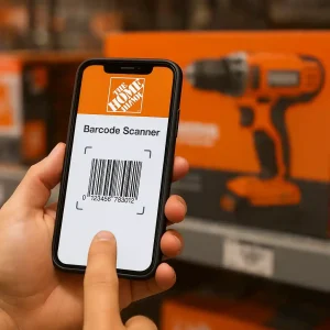 Shopper scanning a boxed product barcode in a Home Depot aisle using the Home Depot app on a smartphone