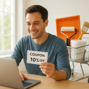Homeowner checking Lowes promo codes on a laptop while a shopping cart with home improvement items sits nearby