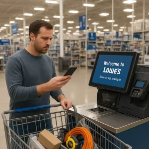 Shopper at Lowe's self-checkout holding phone with a visible 20% off interface near a cart of home-improvement items