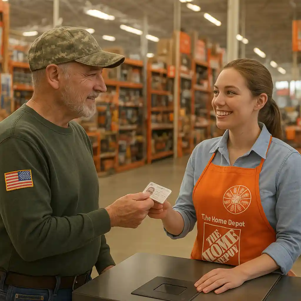 Veteran at Home Depot checkout showing ID for Home Depot veterans discount verification