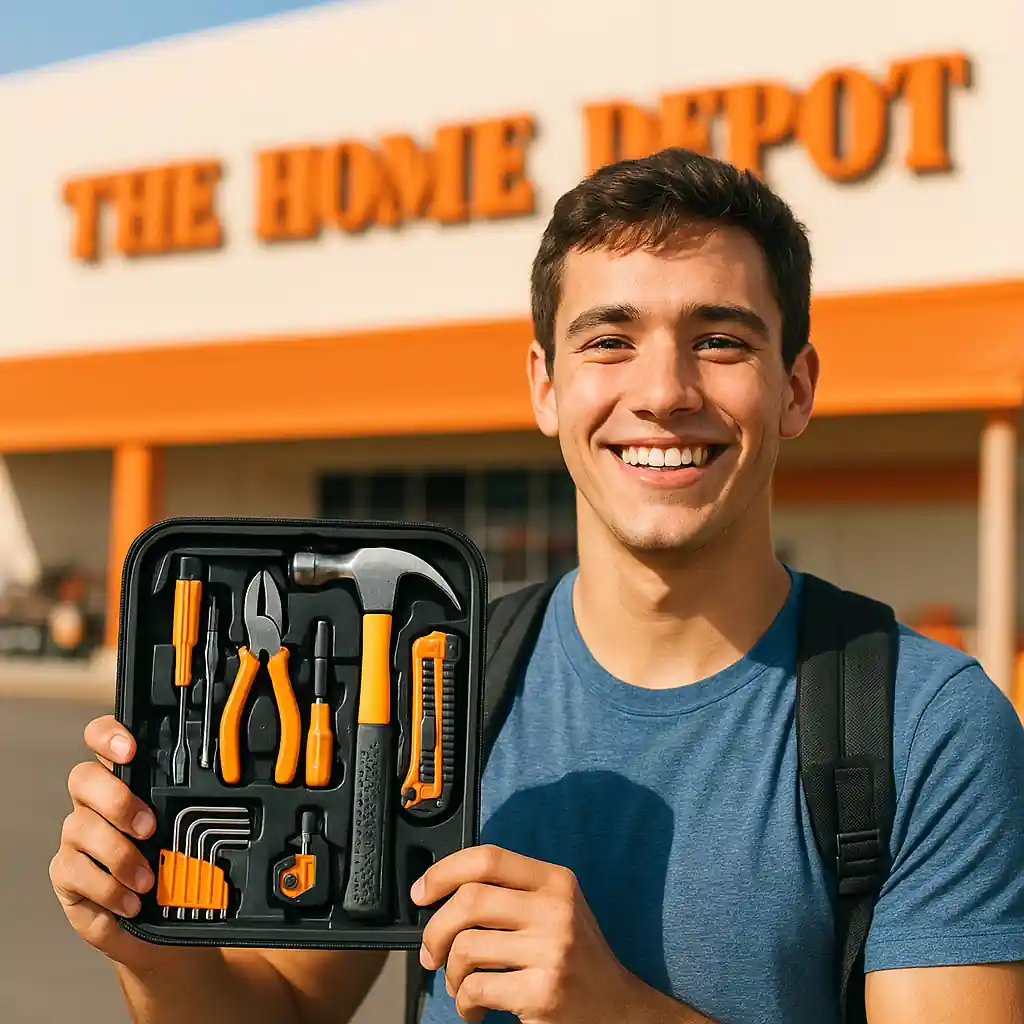 Student holding a compact tool kit outside a home improvement store
