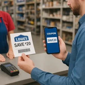 Shopper holding a printed coupon and smartphone at a hardware store checkout counter