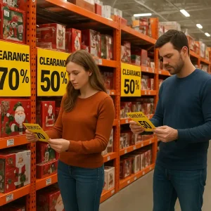 Shoppers viewing Home Depot Christmas clearance aisle with marked red clearance tags and boxed holiday decor