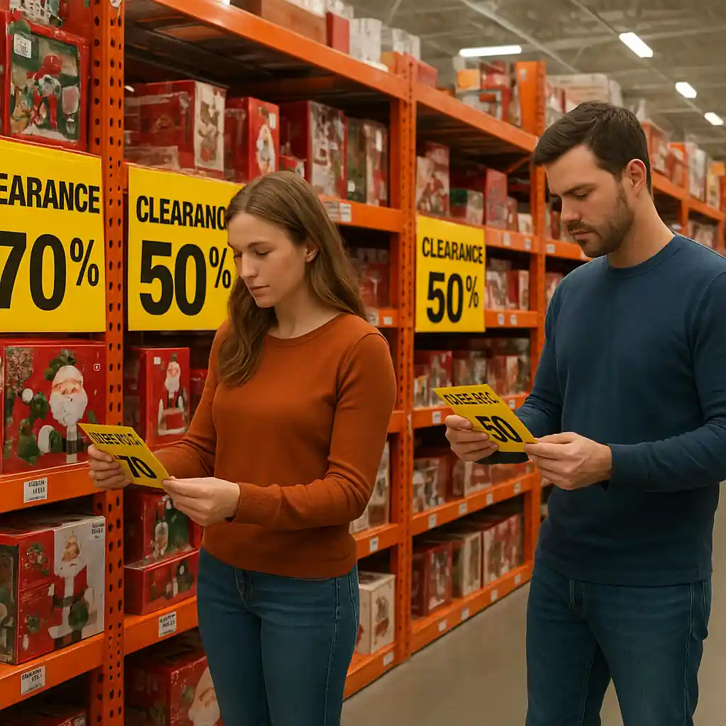 Shoppers viewing Home Depot Christmas clearance aisle with marked red clearance tags and boxed holiday decor