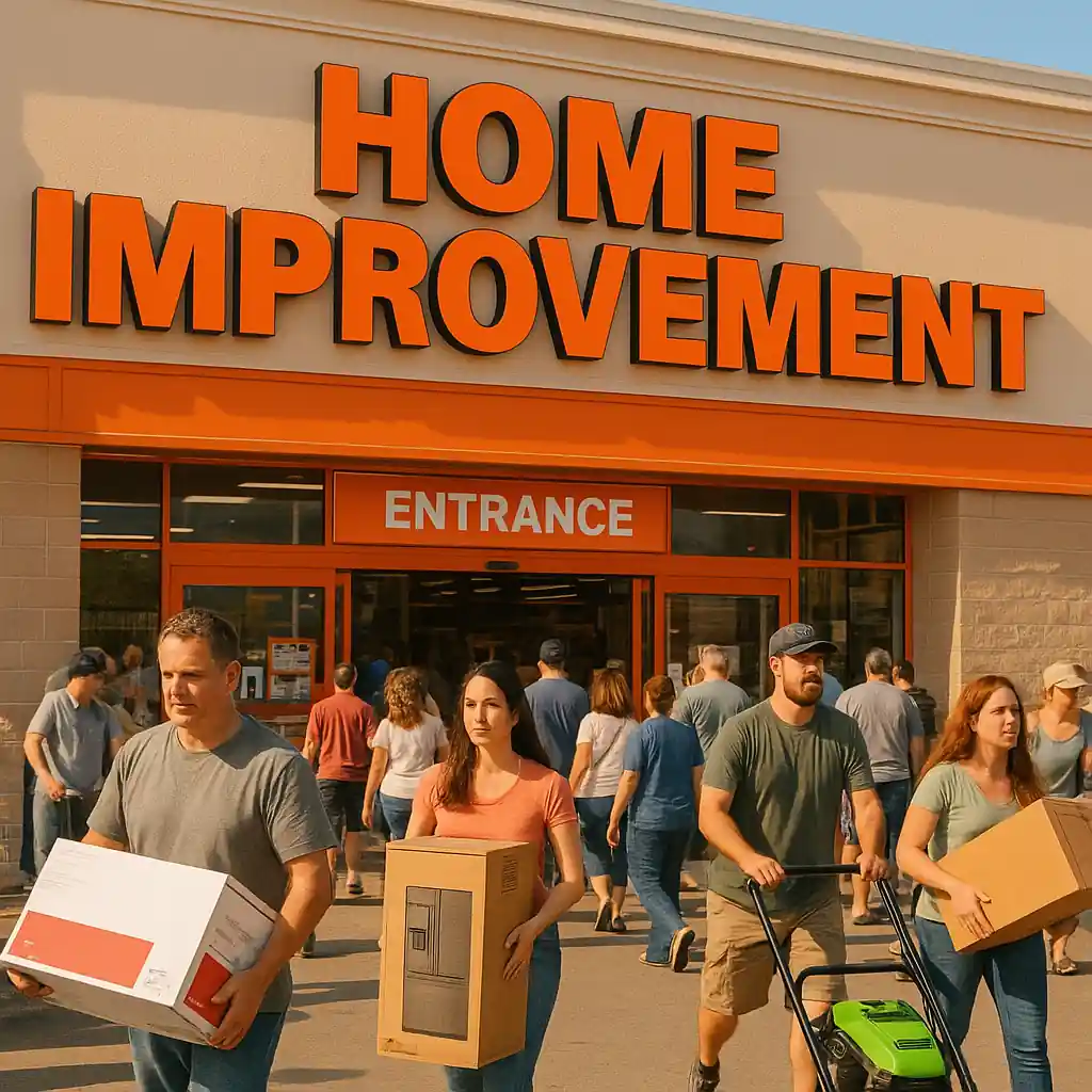 Shoppers entering Home Depot on Memorial Day with boxed appliances and lawn equipment amid large store signage