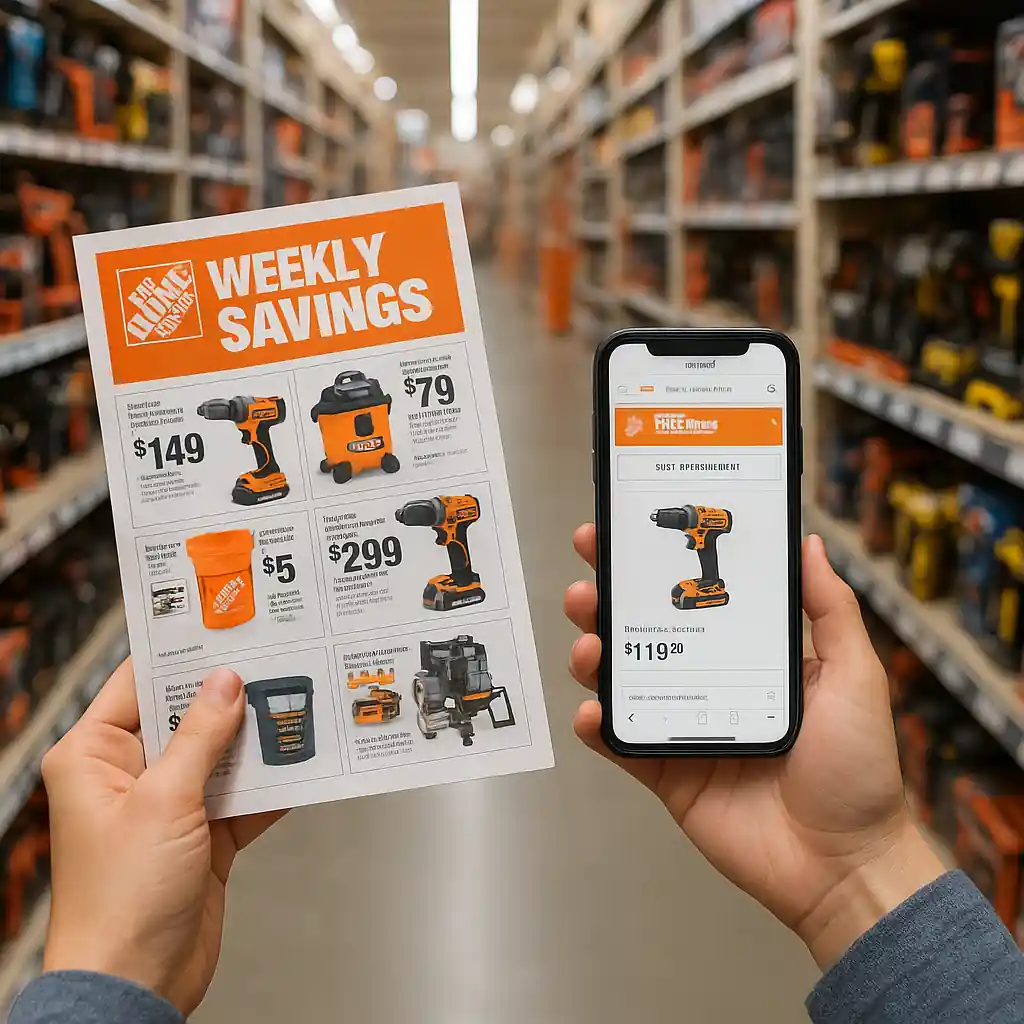 Shopper holding a weekly store flyer and smartphone showing Home Depot site in a tools aisle