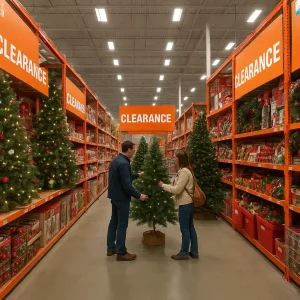 Home Depot Christmas aisle with clearance signs, shoppers viewing discounted trees and ornaments