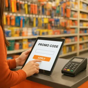 Shopper entering a home depot promo code on a tablet at a checkout counter in a hardware store