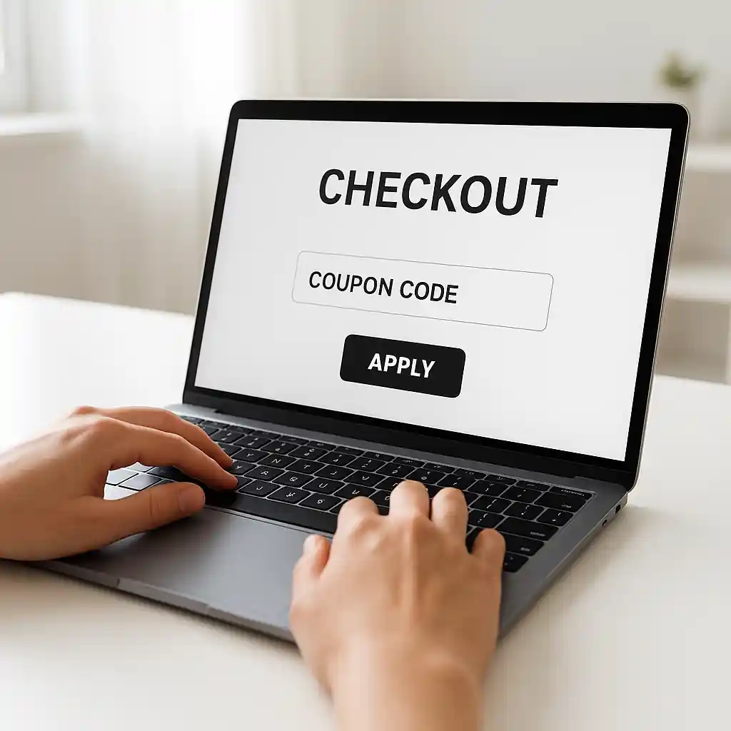 Shopper entering a coupon code on a laptop checkout page with hands on keyboard
