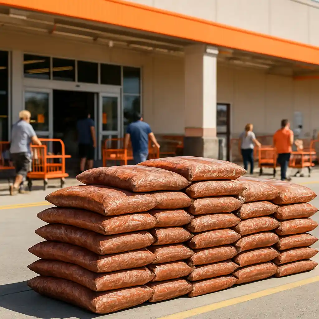 Stacked bagged mulch outside a store during a Home Depot mulch sale