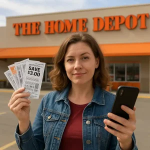 Shopper with coupons and phone in front of a Home Depot store during a Labor Day sale