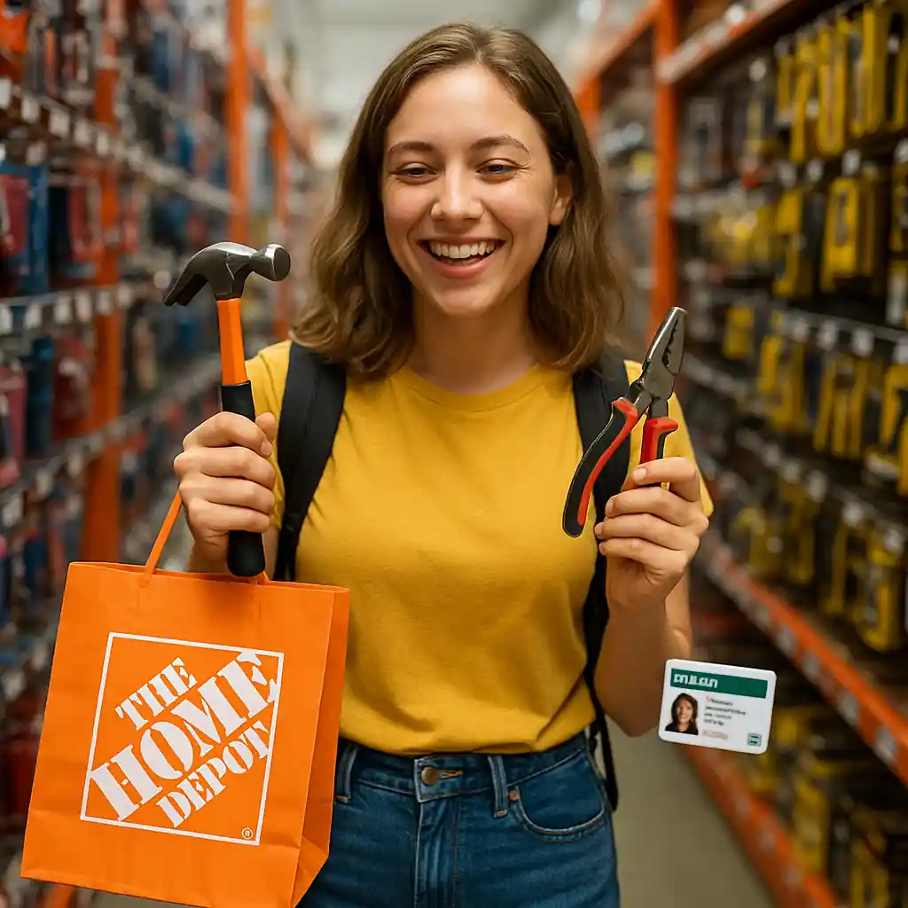 College student with Home Depot bag and student ID in hardware aisle comparing tools
