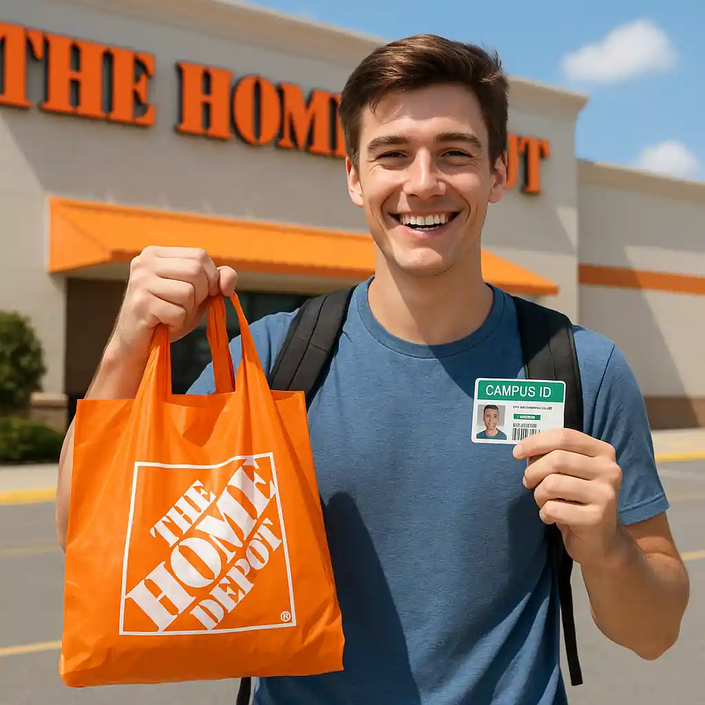 College student holding Home Depot bag and campus ID in front of store