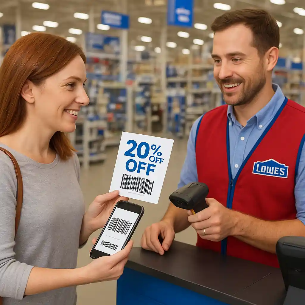 Shopper holding a Lowes 20 off coupon and smartphone barcode at a checkout counter