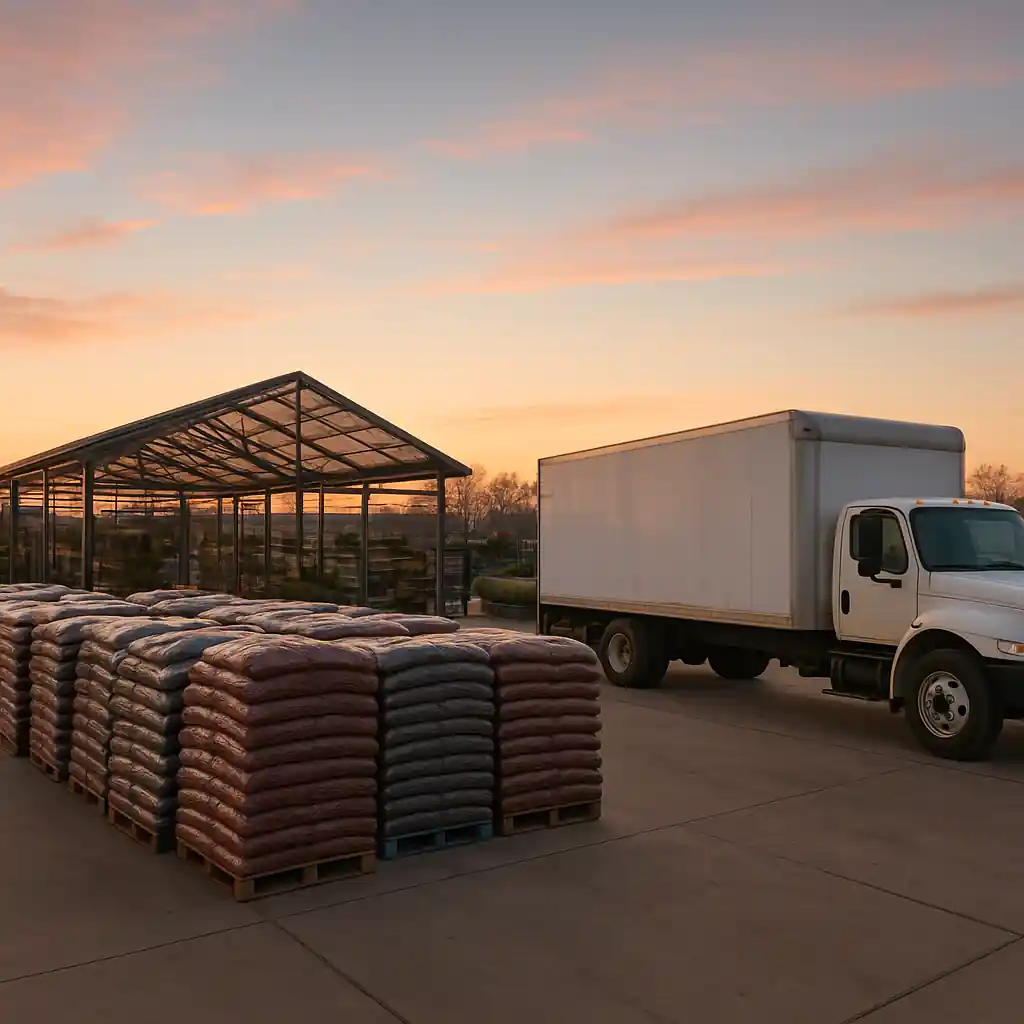 Fresh mulch pallets at a Home Depot garden center with delivery truck arriving
