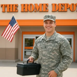 Service member standing outside Home Depot entrance holding a toolbox
