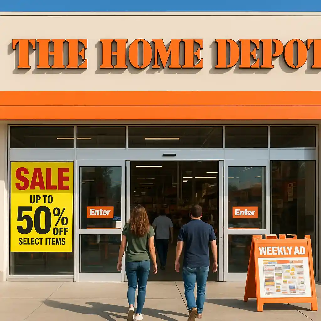 Home Depot storefront with weekly sale signage and shoppers entering