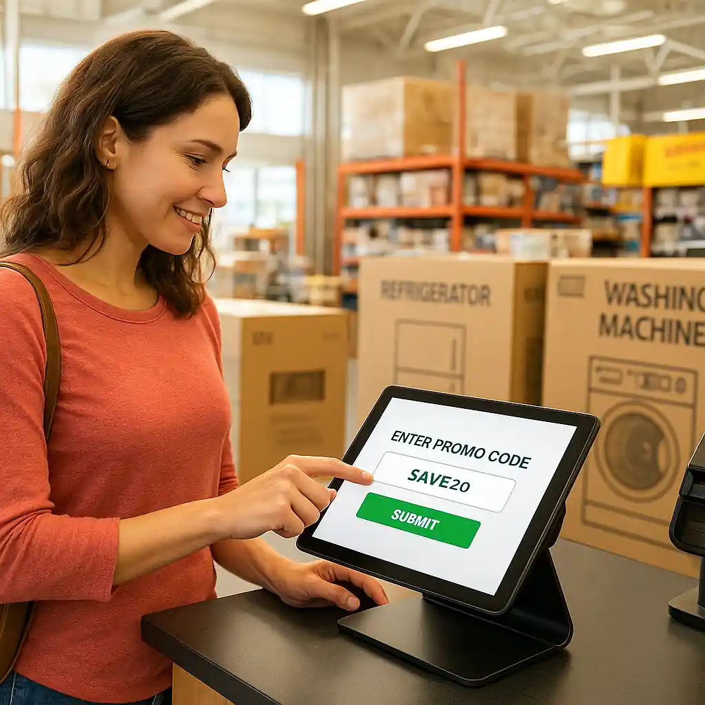 Shopper entering Home Depot promo code on tablet at store checkout next to appliance boxes