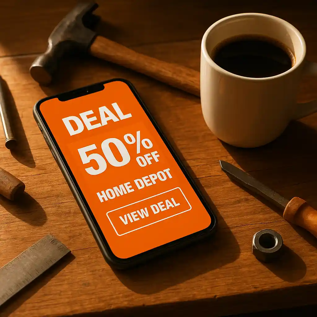 Smartphone showing a Home Depot deal notification over a workbench with tools