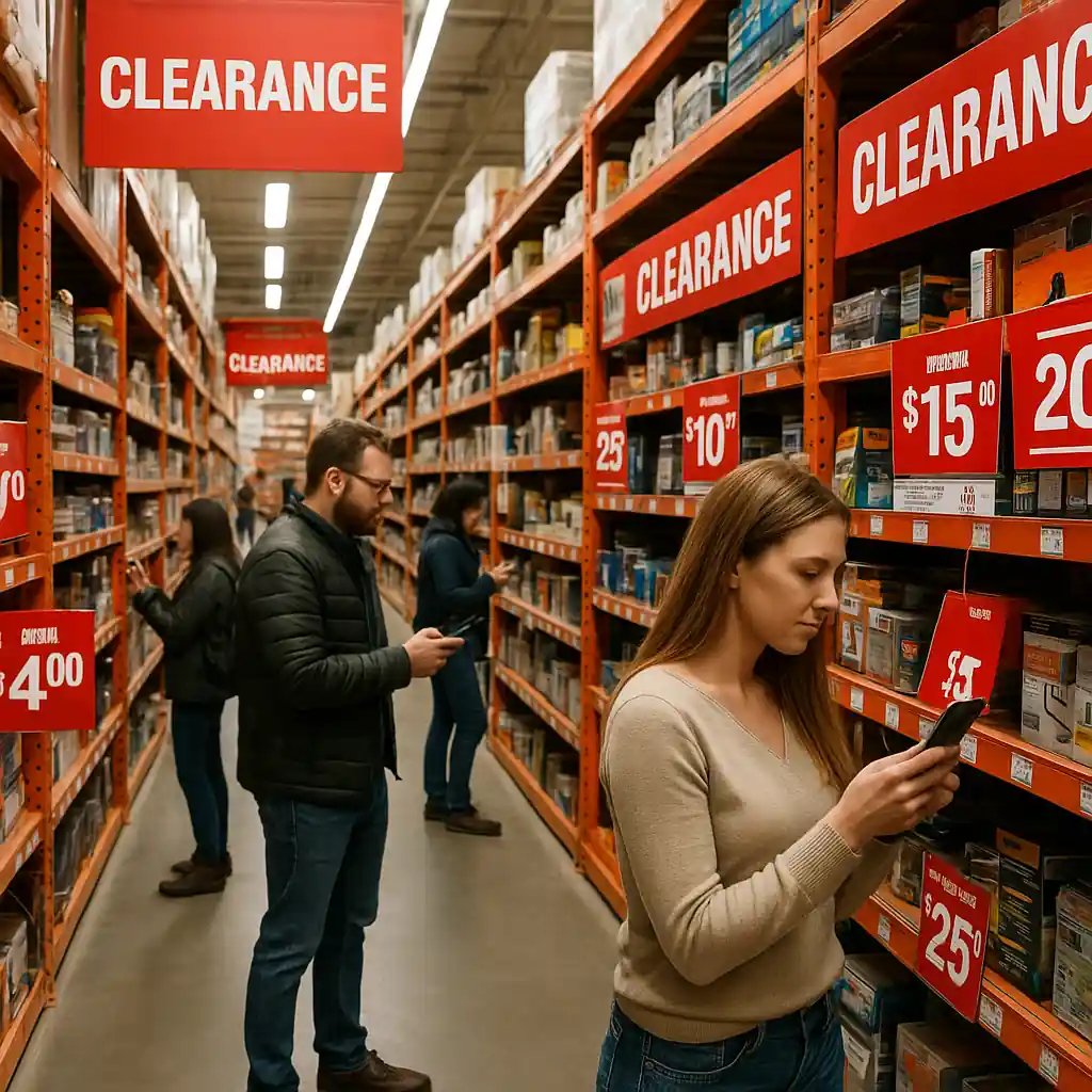 Shoppers scanning clearance tags in a Home Depot aisle with prominent red markdown signs