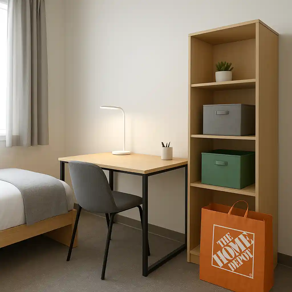 Dorm room with compact desk, LED lamp, shelving and a Home Depot bag showing move-in essentials