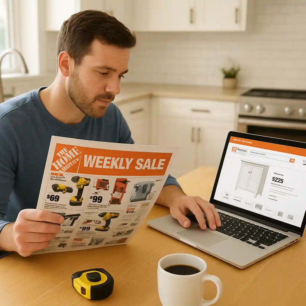 Shopper studying a Home Depot weekly sale ad flyer at a kitchen table