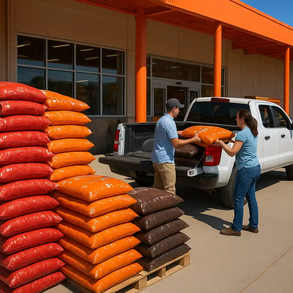 stacked Home Depot mulch bags beside a pickup during a 5 for $10 mulch sale, ready for loading