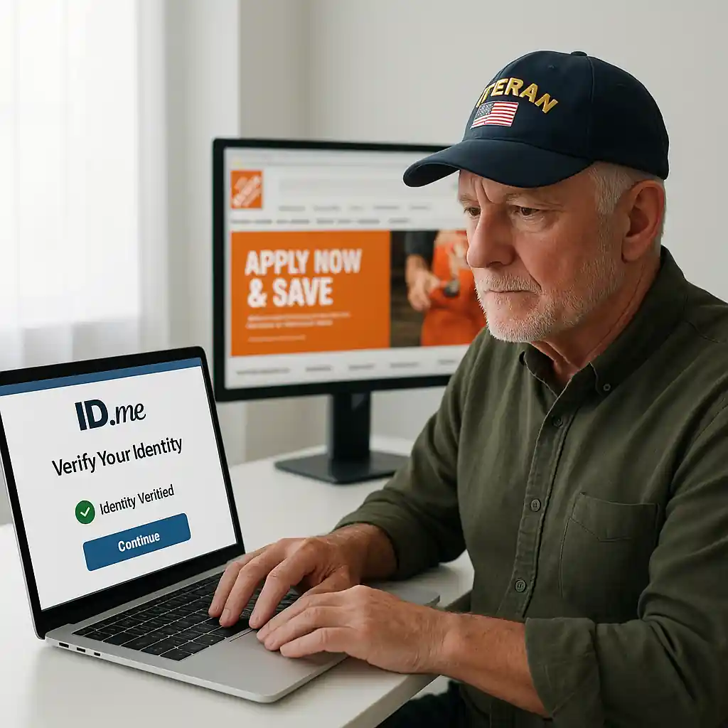 Veteran completing ID.me verification on laptop showing Home Depot veterans discount confirmation