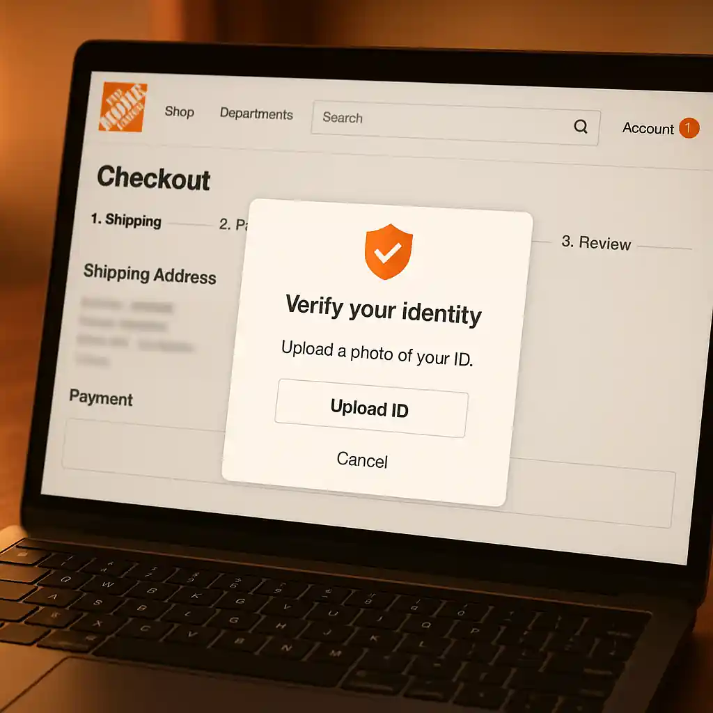 Laptop screen showing Home Depot checkout and verification prompt for military discount
